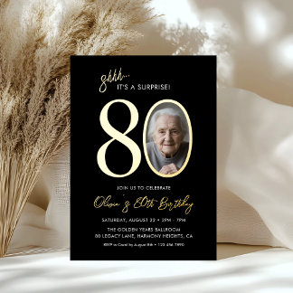 Elegantes Schwarz-Gold-Überraschung 80. Geburtstag Folieneinladung