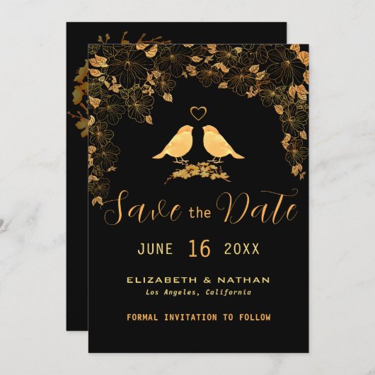 Elegantes Schwarz-Gold-Vogelmuster Save The Date (Vorne/Hinten)