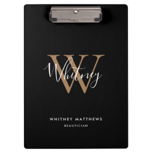 Elegantes Schwarz-Gold-Weiß-Script-Monogramm-Clipb Klemmbrett