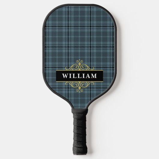 Elegantes Schwarz-Gold-Windows-Karo-Monogramm Pickleball Schläger (Vorderseite)