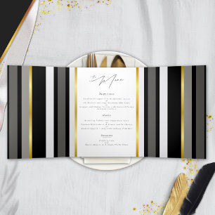 Elegantes Schwarz Grau Gold Streifen Hochzeitsmenü Dreifach Gefaltete Karte