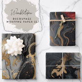 Elegantes Schwarz-Grau-Rot-Gold-Marmor-Dekoupage Geschenkpapier Set