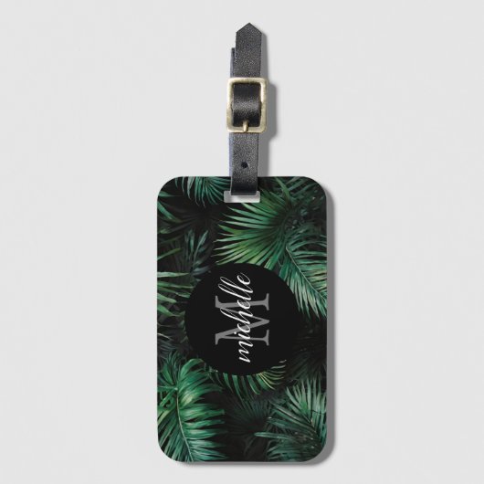 Elegantes Schwarz-Grün Tropical Palm Blätter Monog Gepäckanhänger (Vorderseite Vertikal)