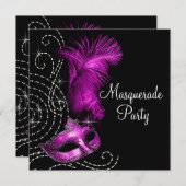 Elegantes Schwarz-Heiß-Rosa-Masquerade-Party Einladung (Vorne/Hinten)
