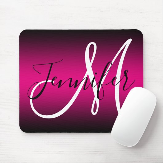 Elegantes Schwarz-Heiß-Rosa Ombre Monogramm Mousepad (Mit Mouse)