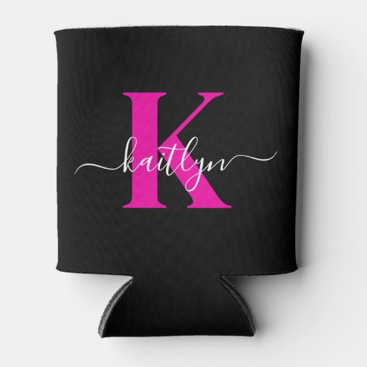 Elegantes Schwarz-Hot-Pink-Script-Monogramm Dosenkühler (Vorderseite)
