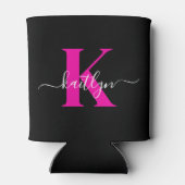 Elegantes Schwarz-Hot-Pink-Script-Monogramm Dosenkühler (Rückseite)