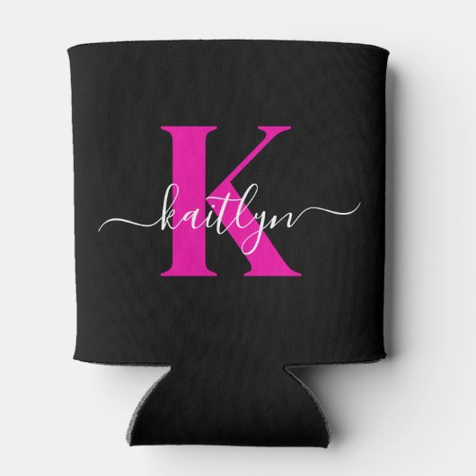 Elegantes Schwarz-Hot-Pink-Script-Monogramm Dosenkühler (Rückseite)