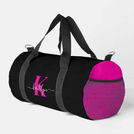 Elegantes Schwarz-Hot-Pink-Script-Monogramm Duffle Bag (Rechte Ecke)