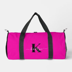 Elegantes Schwarz-Hot-Pink-Script-Monogramm Duffle Bag