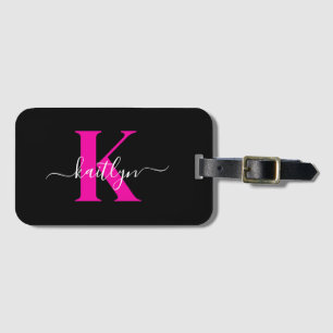 Elegantes Schwarz-Hot-Pink-Script-Monogramm Gepäckanhänger