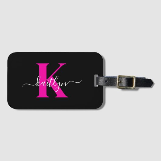 Elegantes Schwarz-Hot-Pink-Script-Monogramm Gepäckanhänger (Vorderseite (Horizontal))