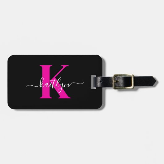 Elegantes Schwarz-Hot-Pink-Script-Monogramm Gepäckanhänger (Vorderseite horizontal)