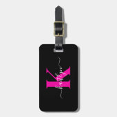 Elegantes Schwarz-Hot-Pink-Script-Monogramm Gepäckanhänger (Vorderseite vertikal)