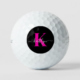 Elegantes Schwarz-Hot-Pink-Script-Monogramm Golfball