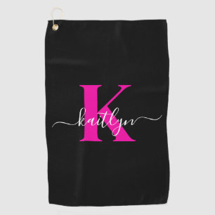 Elegantes Schwarz-Hot-Pink-Script-Monogramm Golfhandtuch