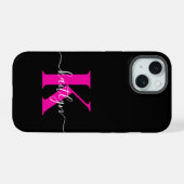 Elegantes Schwarz-Hot-Pink-Script-Monogramm iPhone 15 Hülle (Rückseite (Horizontal))