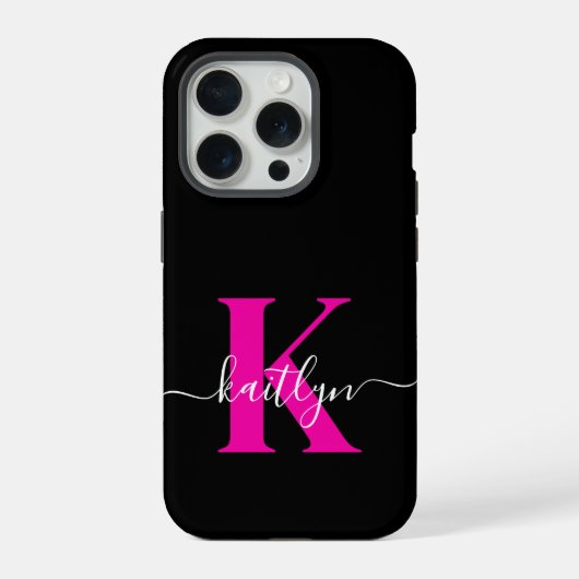 Elegantes Schwarz-Hot-Pink-Script-Monogramm iPhone Hülle (Rückseite)