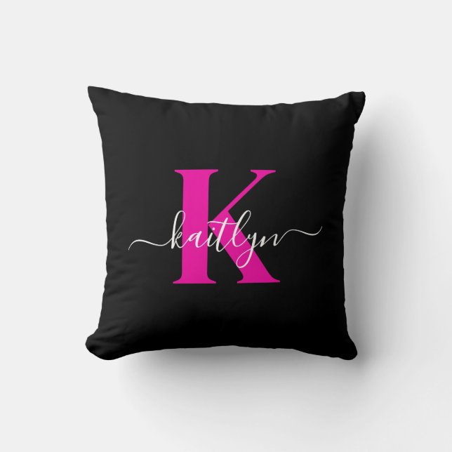 Elegantes Schwarz-Hot-Pink-Script-Monogramm Kissen (Vorderseite)