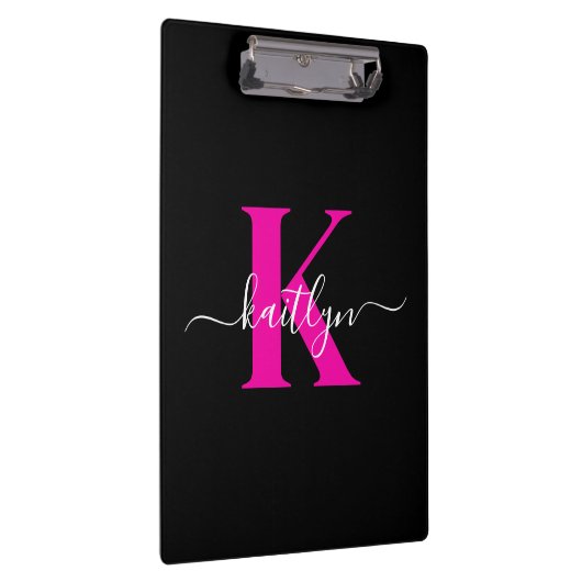 Elegantes Schwarz-Hot-Pink-Script-Monogramm Klemmbrett (Rechts)