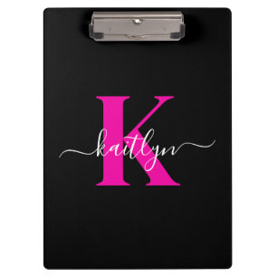 Elegantes Schwarz-Hot-Pink-Script-Monogramm Klemmbrett