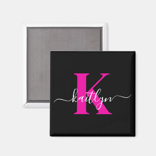 Elegantes Schwarz-Hot-Pink-Script-Monogramm Magnet
