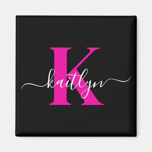 Elegantes Schwarz-Hot-Pink-Script-Monogramm Magnet (Vorne)