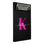 Elegantes Schwarz-Hot-Pink-Script-Monogramm Mini Klemmbrett (Schrägansicht)