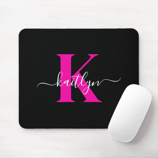 Elegantes Schwarz-Hot-Pink-Script-Monogramm Mousepad (Mit Mouse)