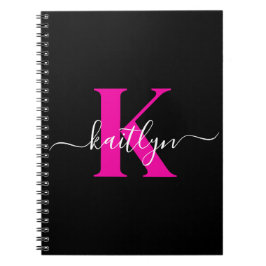 Elegantes Schwarz-Hot-Pink-Script-Monogramm Notizblock