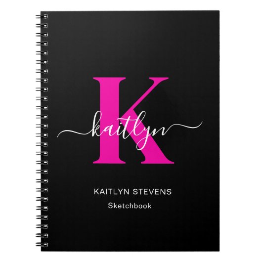 Elegantes Schwarz-Hot-Pink-Script-Monogramm Notizblock (Vorderseite)