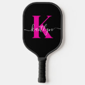 Elegantes Schwarz-Hot-Pink-Script-Monogramm Pickleball Schläger (Rückseite)