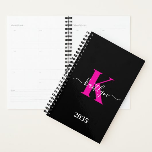 Elegantes Schwarz-Hot-Pink-Script-Monogramm Planer (Anzeige)