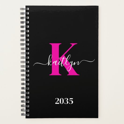 Elegantes Schwarz-Hot-Pink-Script-Monogramm Planer (Vorderseite)