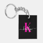 Elegantes Schwarz-Hot-Pink-Script-Monogramm Schlüsselanhänger (Vorderseite links)