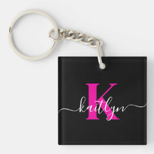 Elegantes Schwarz-Hot-Pink-Script-Monogramm Schlüsselanhänger