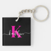 Elegantes Schwarz-Hot-Pink-Script-Monogramm Schlüsselanhänger (Rückseite)