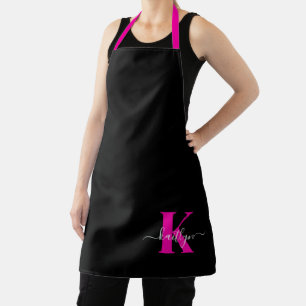 Elegantes Schwarz-Hot-Pink-Script-Monogramm Schürze