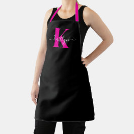 Elegantes Schwarz-Hot-Pink-Script-Monogramm Schürze