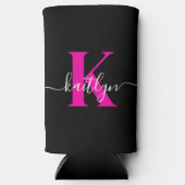 Elegantes Schwarz-Hot-Pink-Script-Monogramm Selters Dosenkühler (Vorderseite)