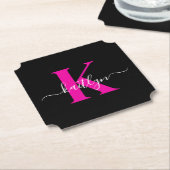 Elegantes Schwarz-Hot-Pink-Script-Monogramm Untersetzer (angewinkelt)
