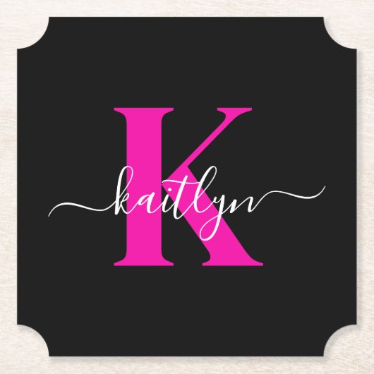 Elegantes Schwarz-Hot-Pink-Script-Monogramm Untersetzer (Vorderseite)