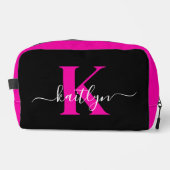 Elegantes Schwarz-Hot-Pink-Script-Monogramm Waschbeutel (Vorderseite)