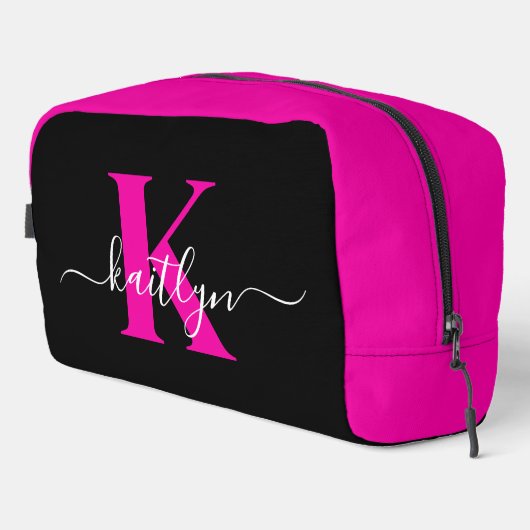 Elegantes Schwarz-Hot-Pink-Script-Monogramm Waschbeutel (Rechte Ecke)