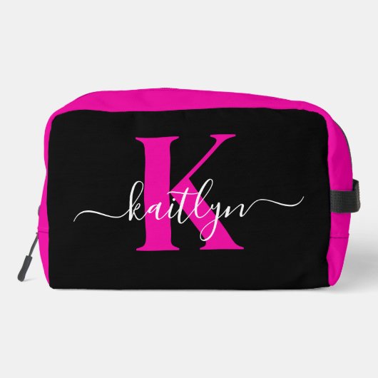 Elegantes Schwarz-Hot-Pink-Script-Monogramm Waschbeutel (Rückseite)