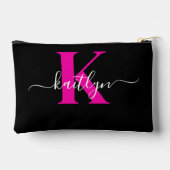 Elegantes Schwarz-Hot-Pink-Script-Monogramm Zubehörtasche (Rückseite)