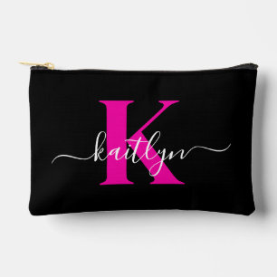 Elegantes Schwarz-Hot-Pink-Script-Monogramm Zubehörtasche