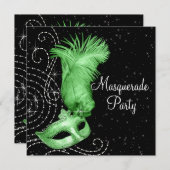 Elegantes Schwarz-Kalkgrün-Masquerade-Party Einladung (Vorne/Hinten)