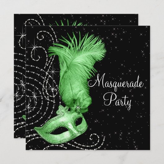 Elegantes Schwarz-Kalkgrün-Masquerade-Party Einladung (Vorne/Hinten)