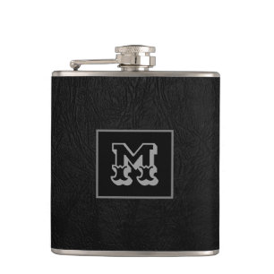 Elegantes Schwarz-Leder-Look Monogramm Flachmann